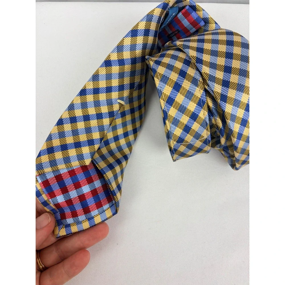 Haines & Bonner‎ London Silk Tie Yellow Blue Gingham Check Handmade Mens